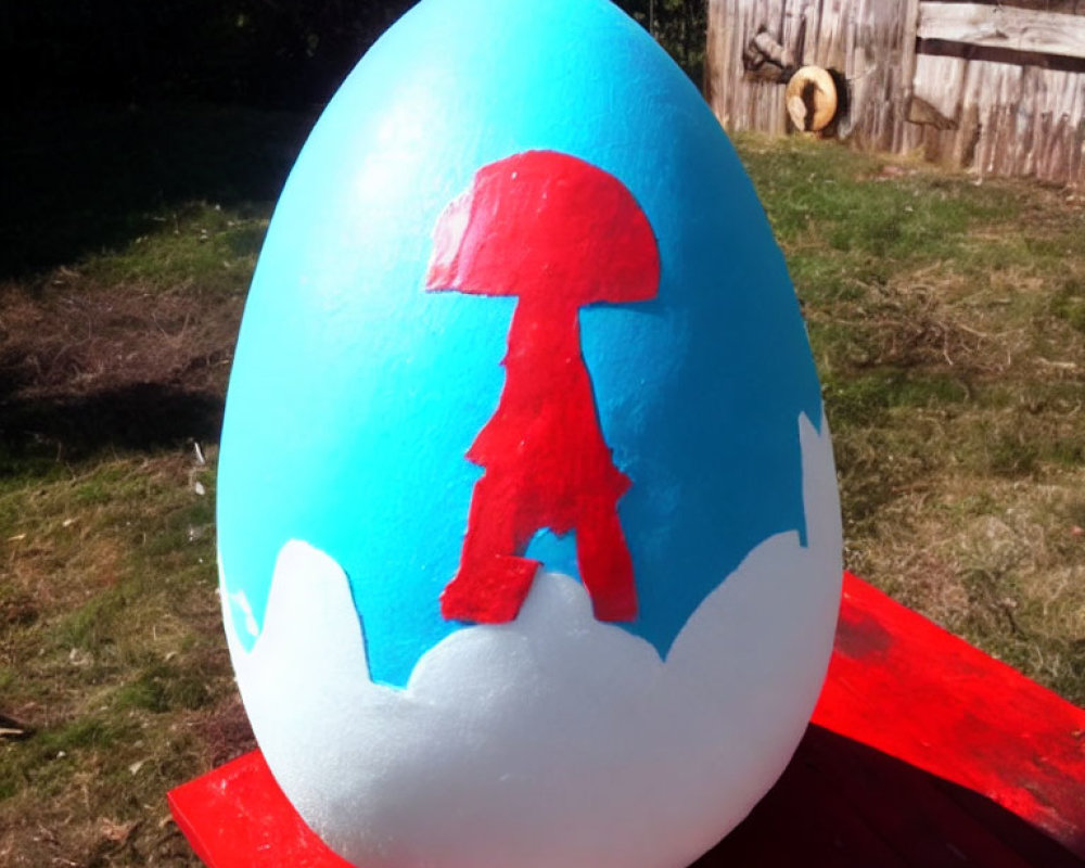 Blue Egg with Red Mushroom Silhouette on Red Platform