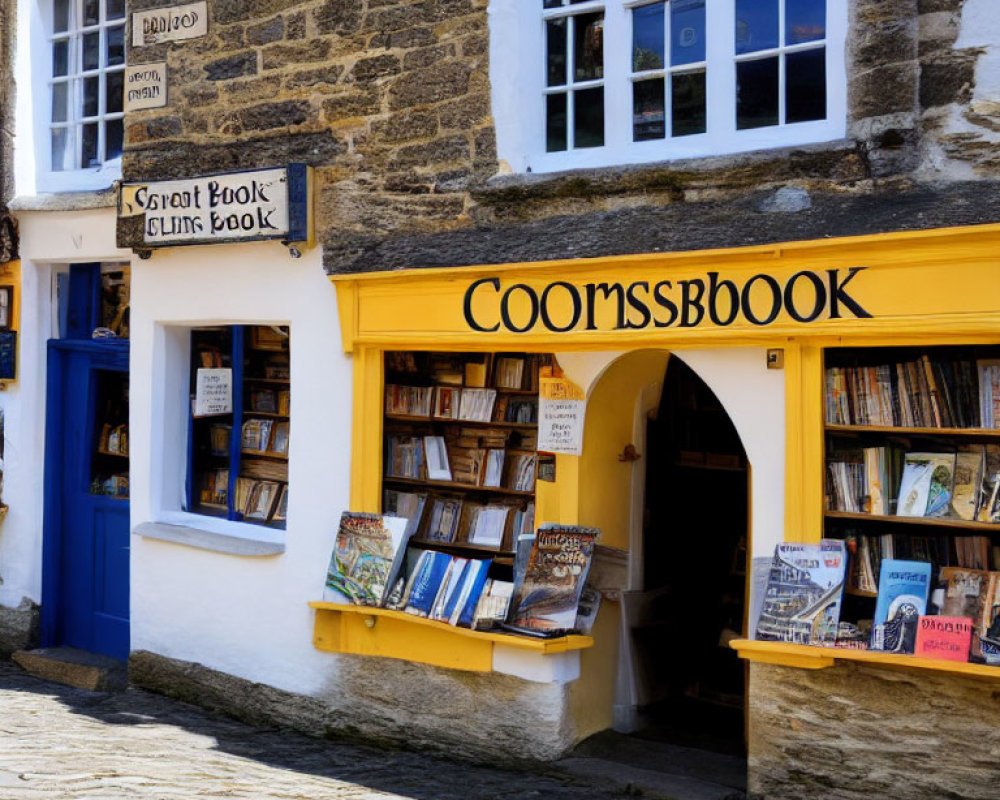Charming bookstore with yellow facade and blue doors on cobblestone street