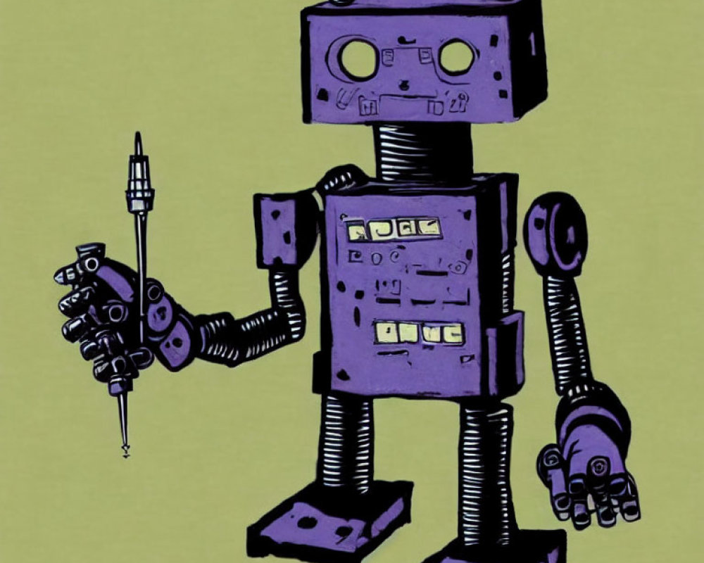 Retro-style robot holding needle tool on green background