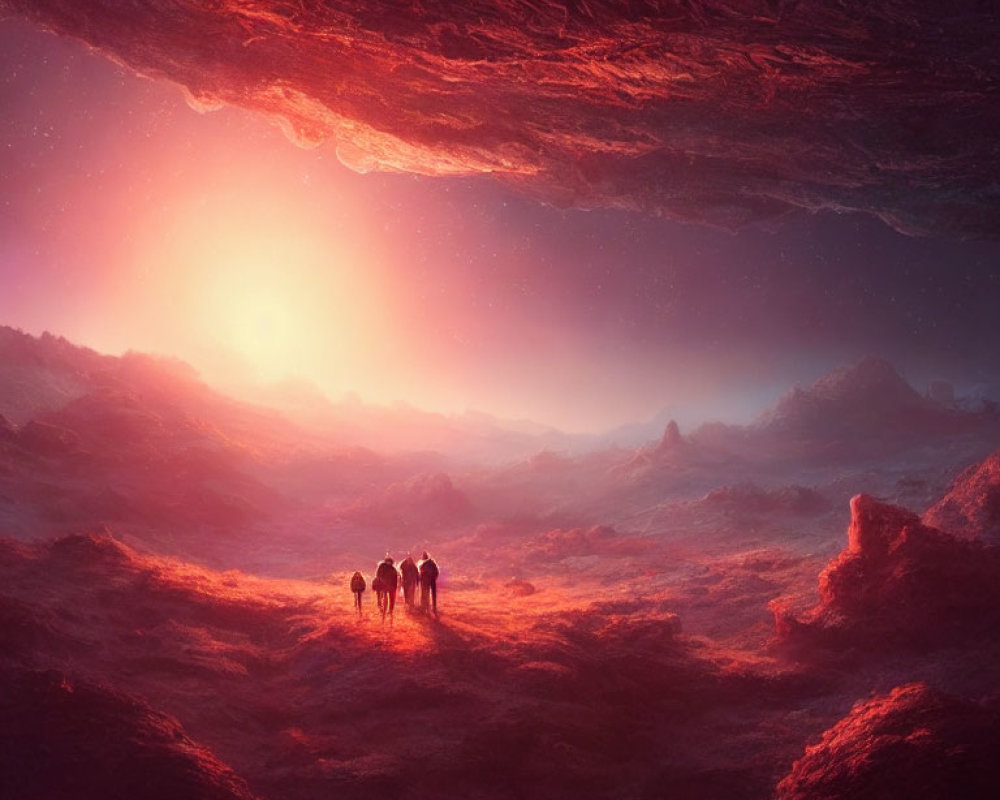 Figures in red-hued alien landscape under glowing sky