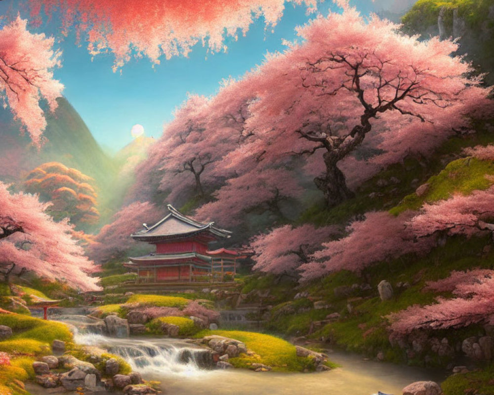 Tranquil Cherry Blossom Landscape with Stream and Red Architecture