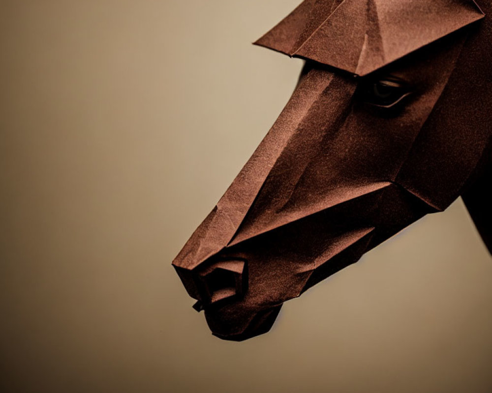 Intricate Origami Horse Head Profile on Soft Brown Background
