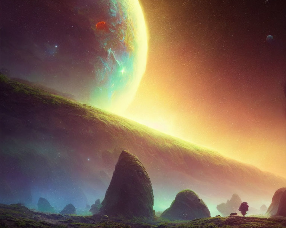 Large planet in vibrant sci-fi landscape above rocky terrain