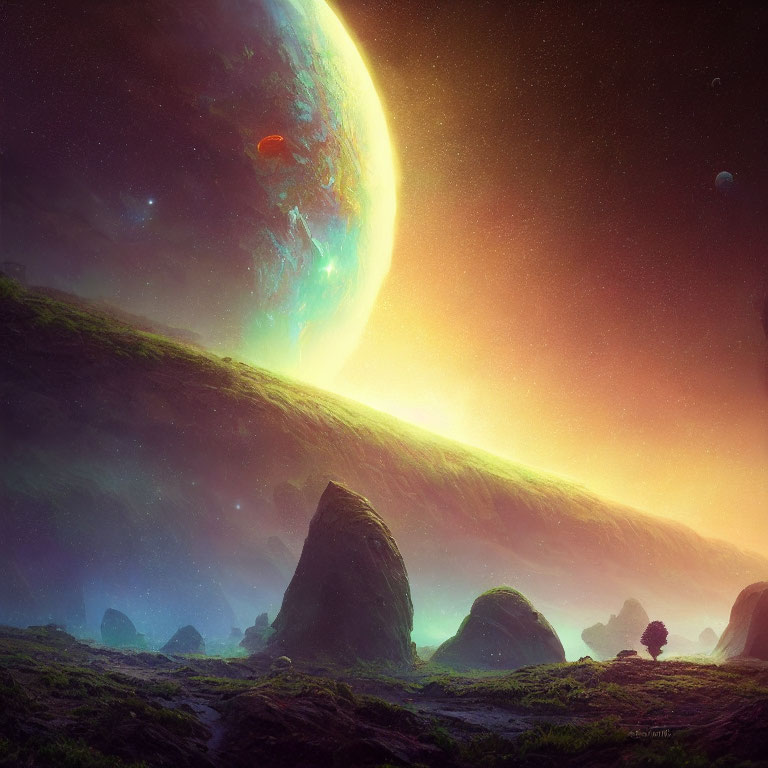 Large planet in vibrant sci-fi landscape above rocky terrain