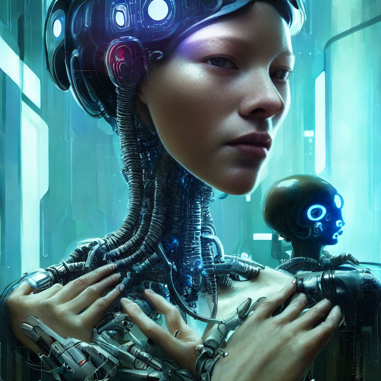 Cybernetic woman with headset in futuristic sci-fi setting