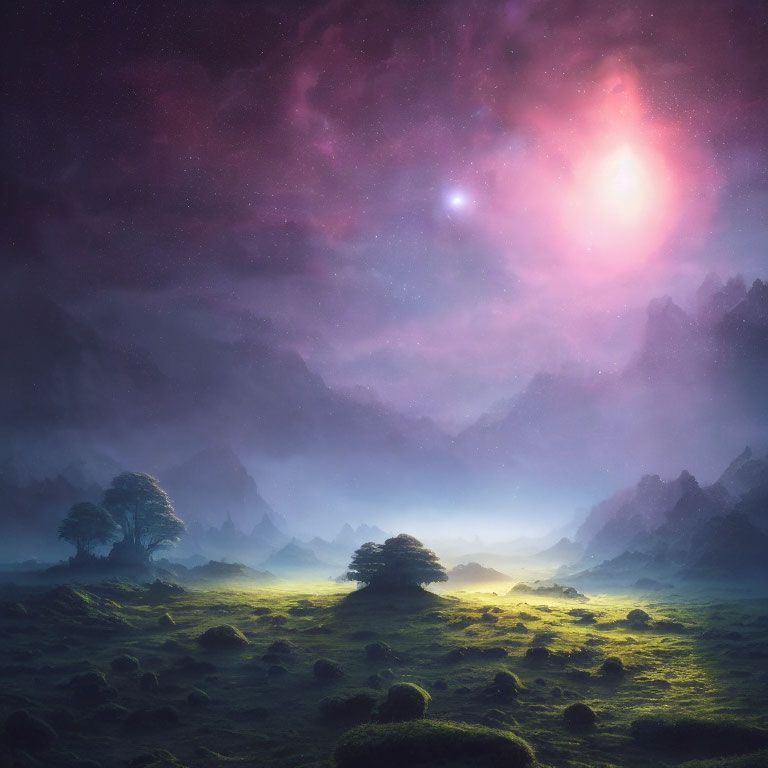 Vibrant nebulae light up twilight landscape