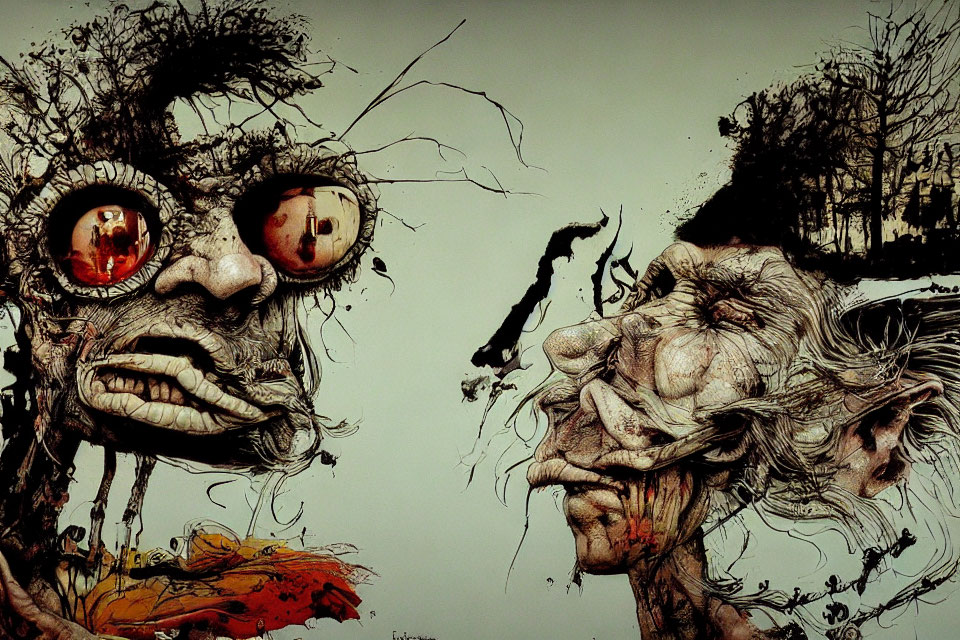 Grotesque caricature faces in surreal art style with exaggerated features.