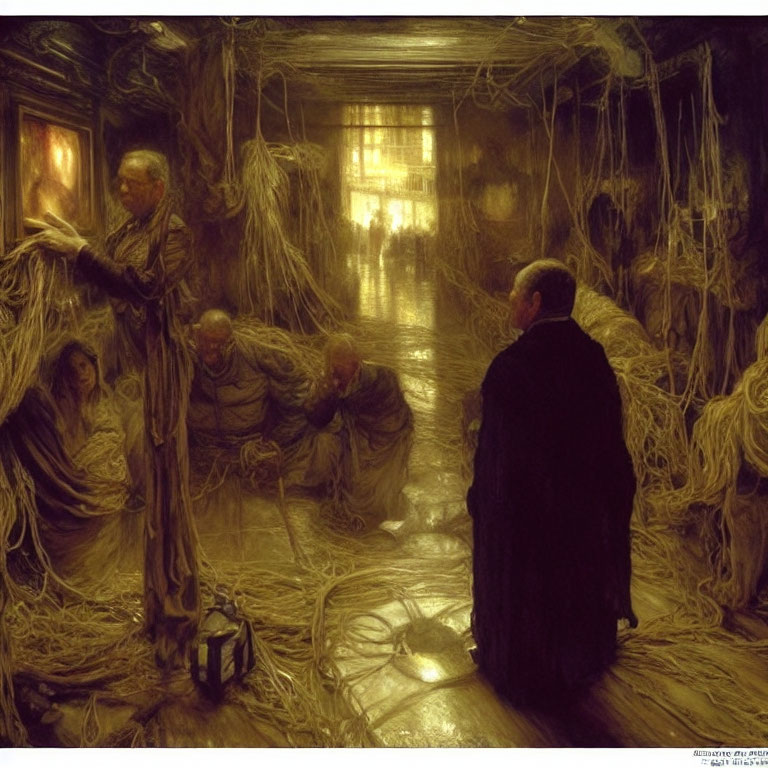 Figures in dimly lit room surrounded by tangled fibers and warm glow from window
