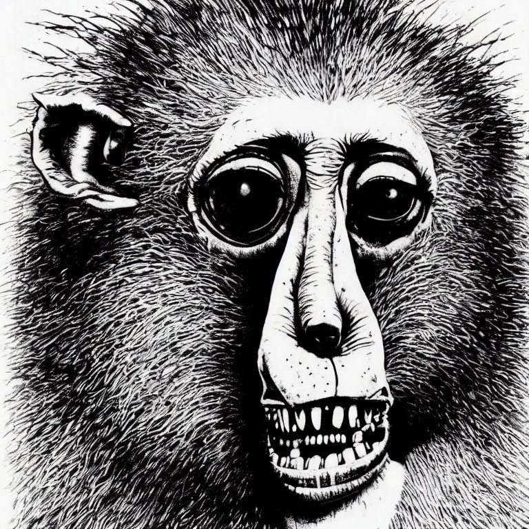 Detailed black and white baboon illustration with prominent eyes and aggressive teeth display