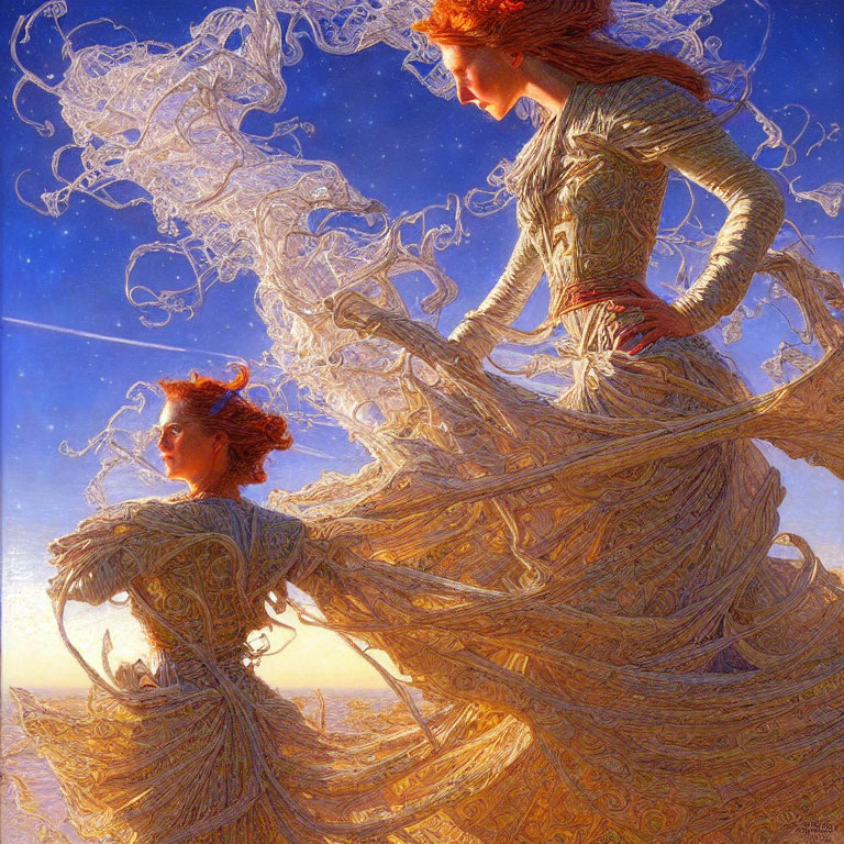 Ethereal women in intricate gowns under glowing sunset sky
