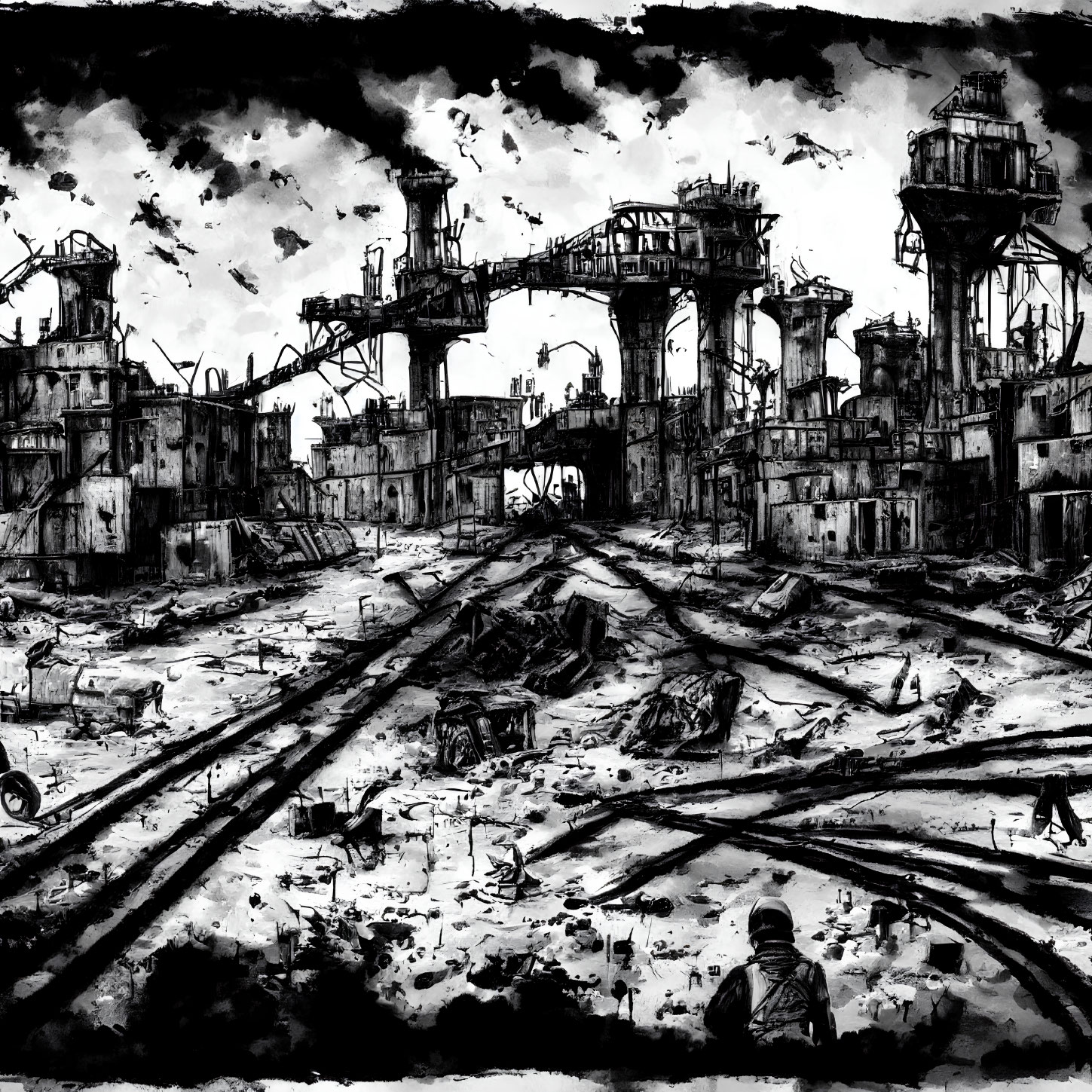 Dystopian landscape with industrial ruins and solitary figure