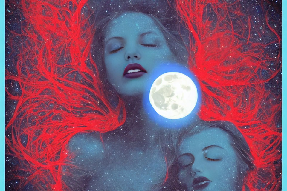 Vibrant red-haired women merge in cosmic digital art.