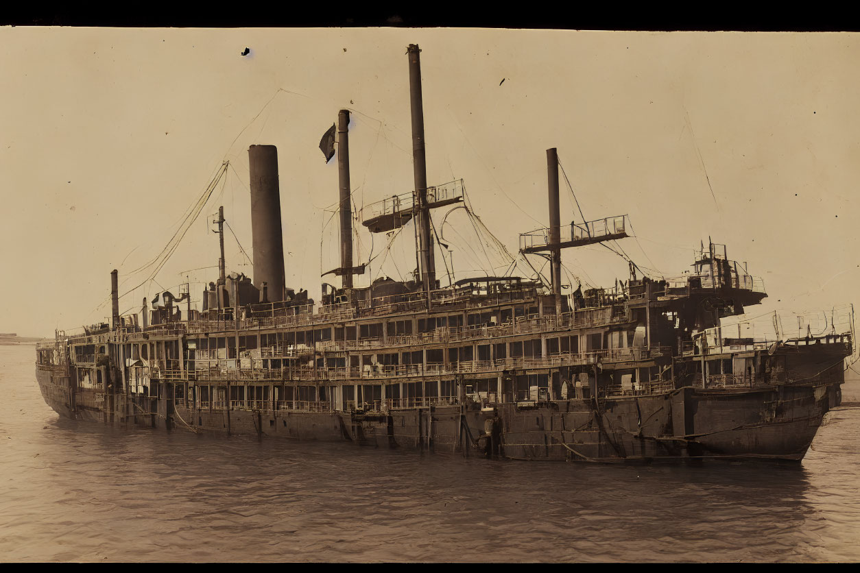 Large vintage steamship with multiple decks, two smokestacks, and lifeboats docked at river