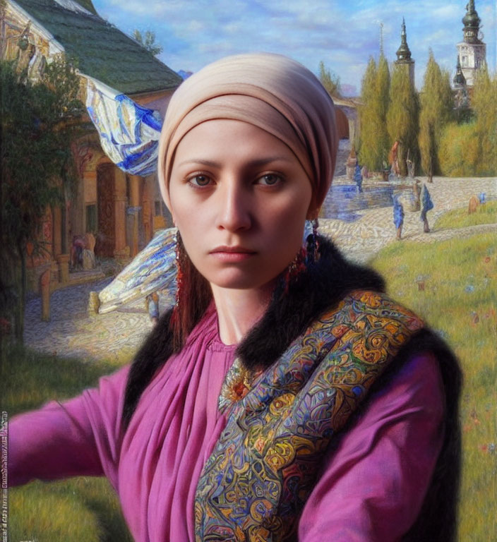 Traditional Attire Woman in Headscarf Against Village Backdrop