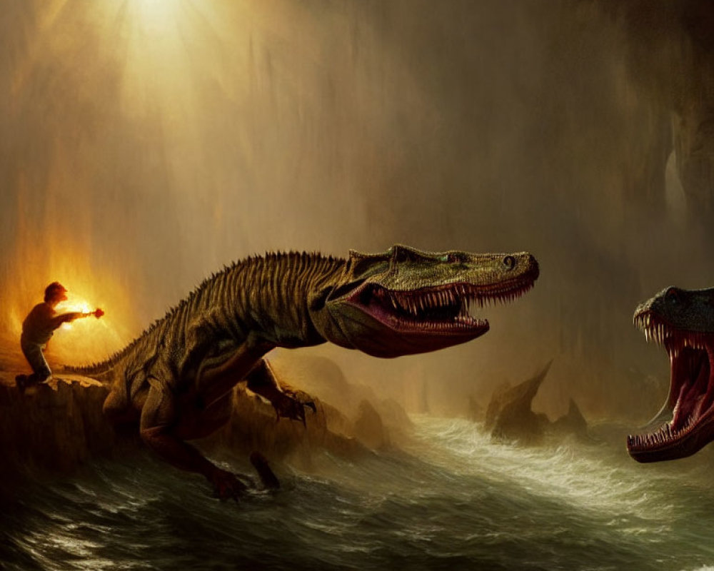Human with torch faces roaring dinosaur in stormy seascape