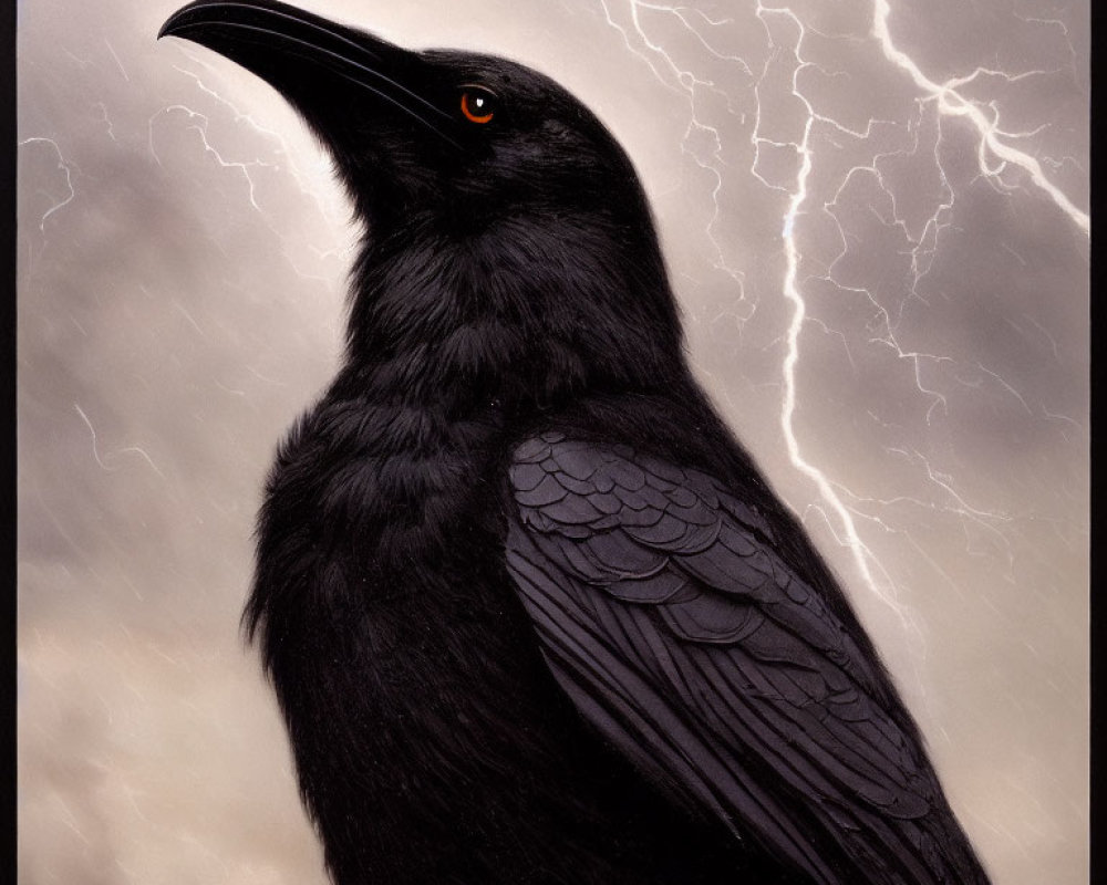 Black Raven Against Dramatic Stormy Sky with Lightning Bolts