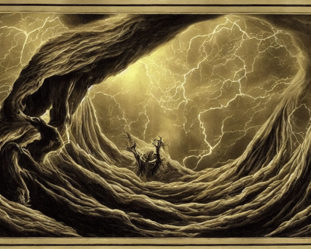 Fantasy landscape with swirling trunk-like structures and small figure under stormy sky.