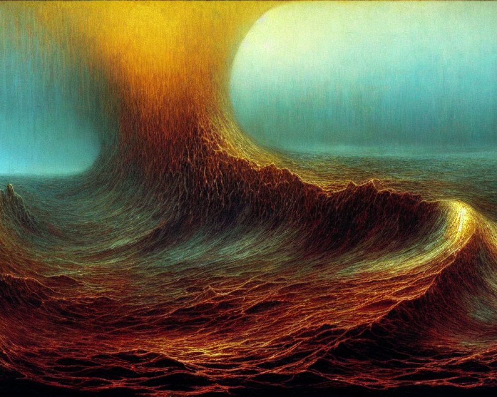 Surreal landscape with wave-like formation and cathedral under luminous sky
