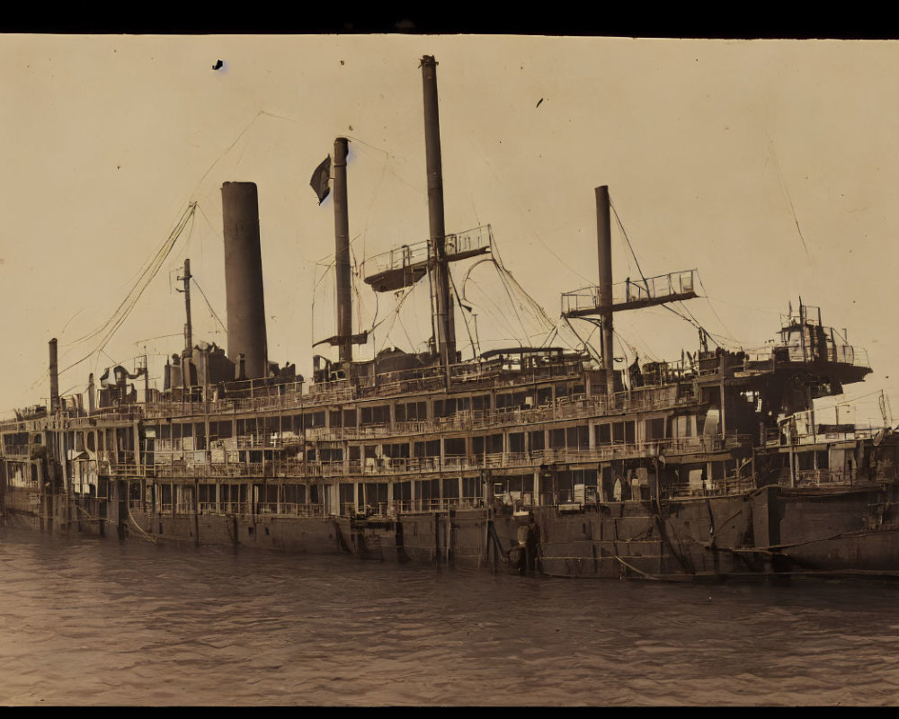 Large vintage steamship with multiple decks, two smokestacks, and lifeboats docked at river