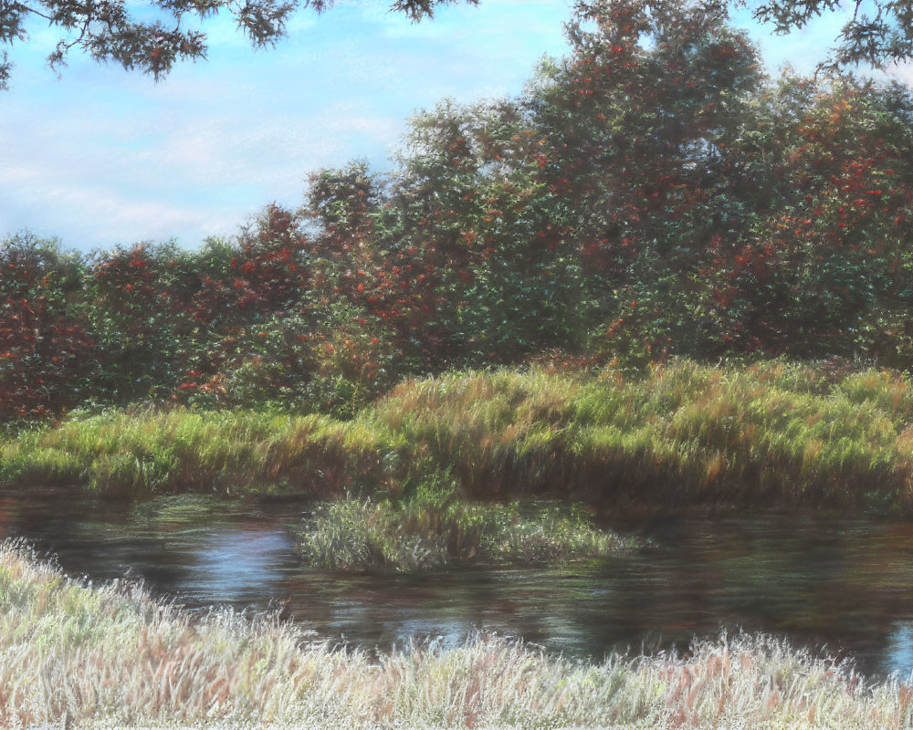 Tranquil riverside scene with lush greenery and autumnal trees.
