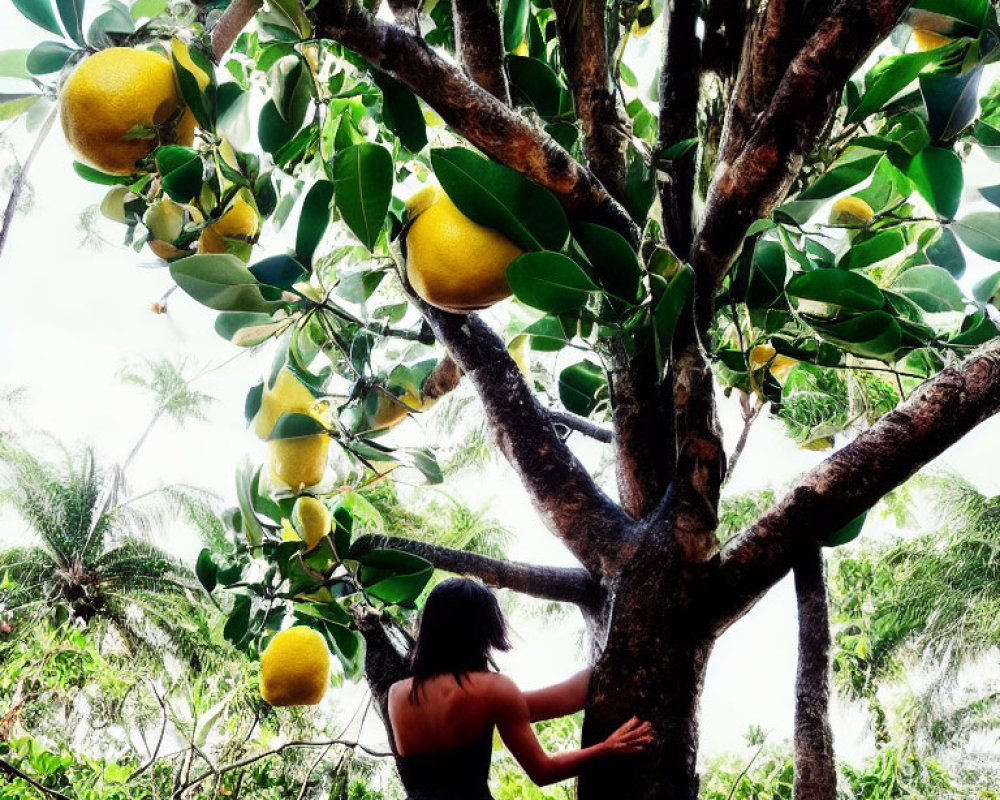 Person under lush lemon tree reaching for vibrant yellow fruit