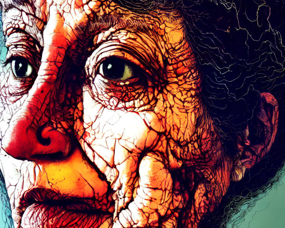 Elderly Person Portrait with Exaggerated Wrinkled Texture and Vibrant Colors
