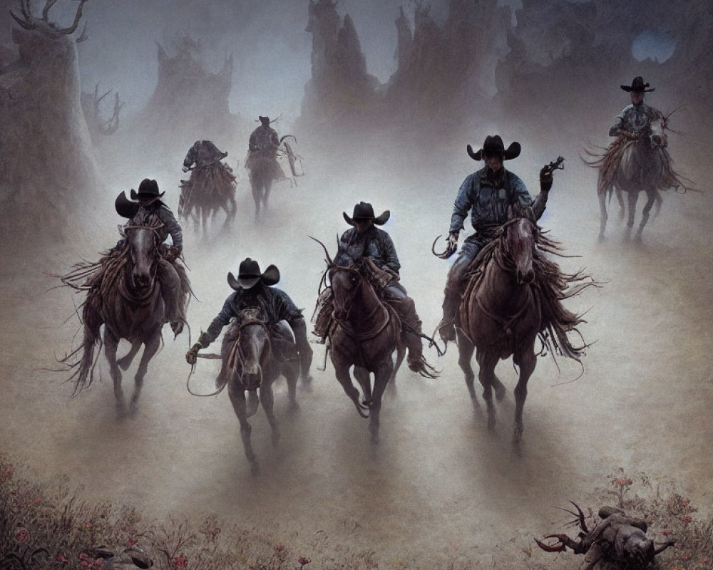 Cowboys on horses in misty, barren landscape with red flowers and skeletal trees.