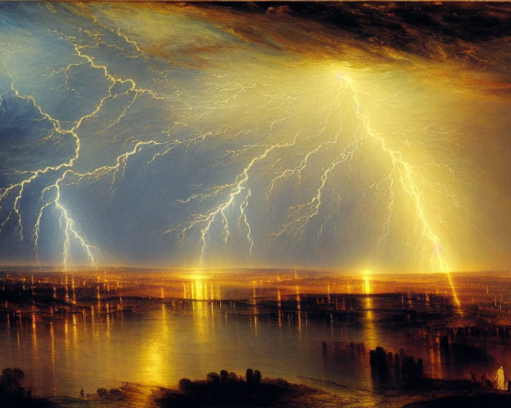 Thunderstorm painting over night cityscape with lightning bolts.