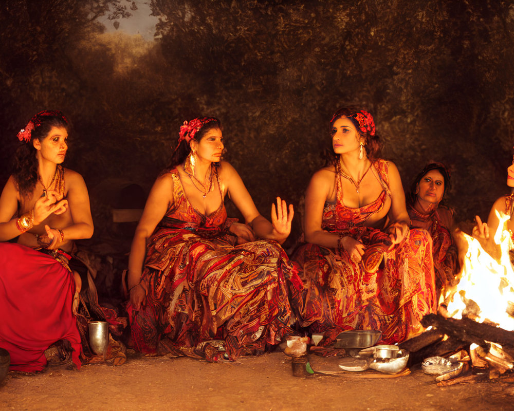 Women in Red Attire Gathered Around Fire in Dusk-lit Wooded Setting