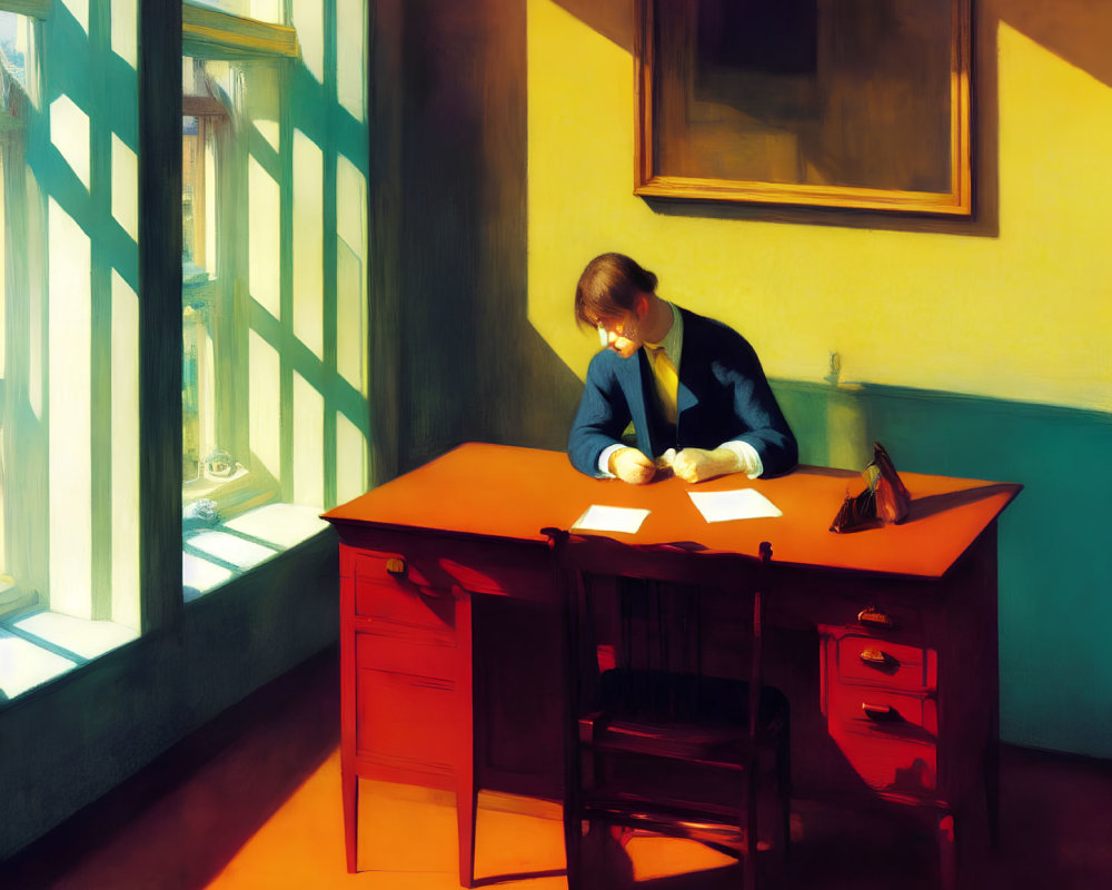 Person reading at red desk in sunlit room with shadows and painting on wall