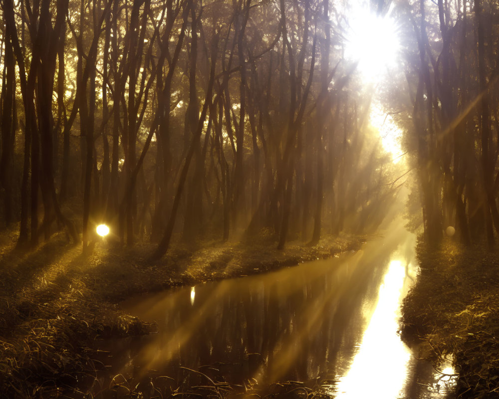 Tranquil forest stream with sunbeams and mist
