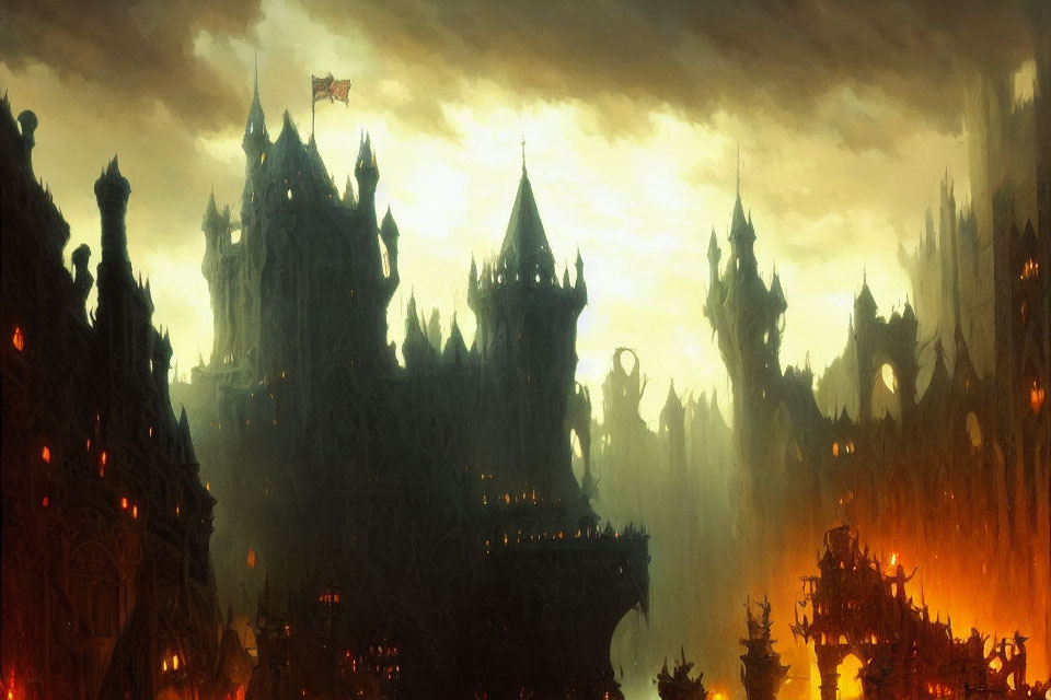 Dark fantasy castle under warm, ominous glow and stormy sky