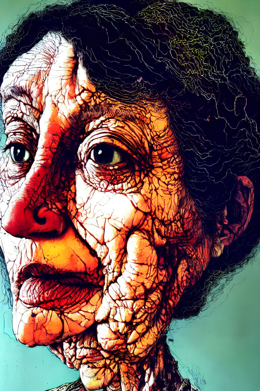 Elderly Person Portrait with Exaggerated Wrinkled Texture and Vibrant Colors