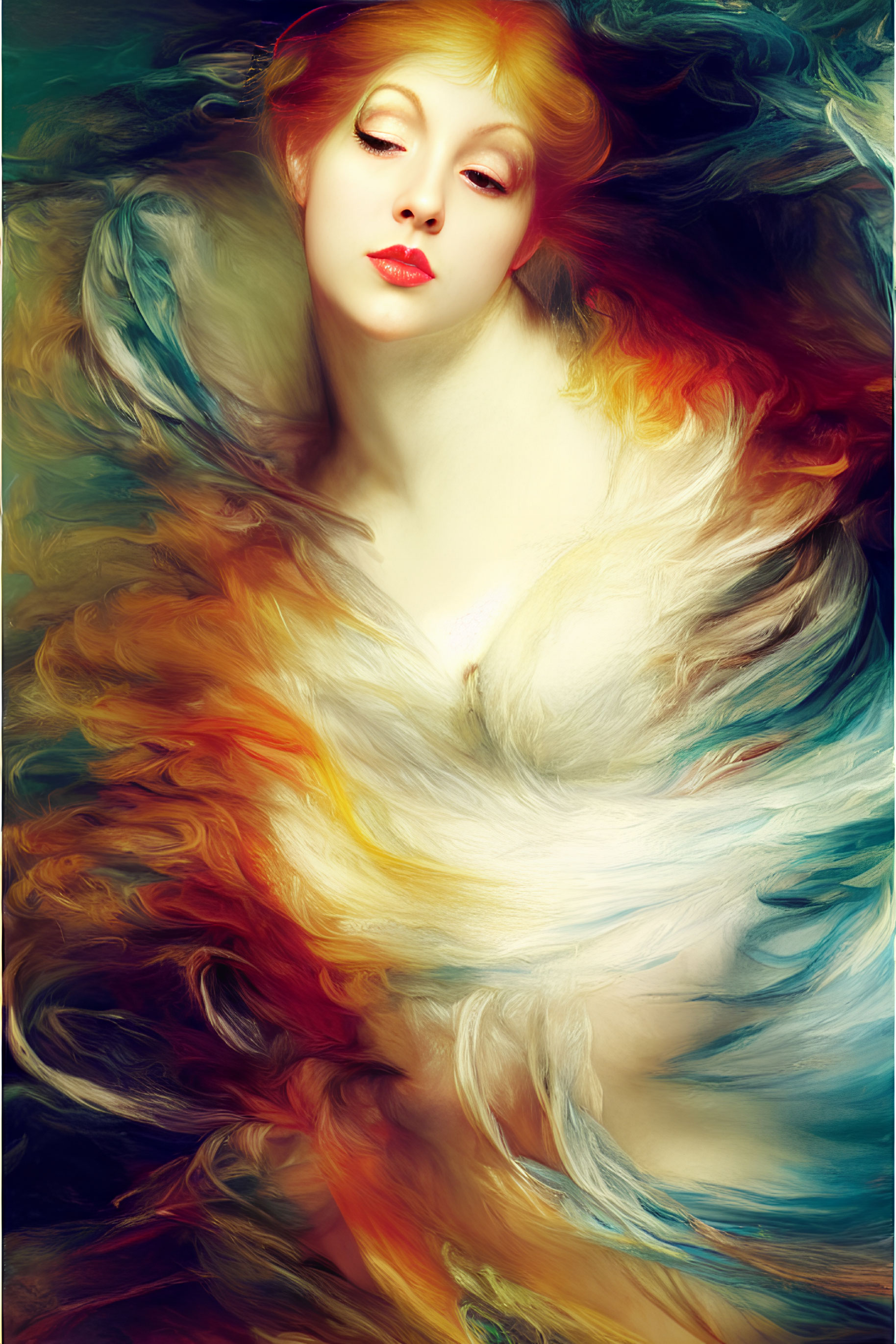 Vibrant portrait of a woman with flowing hair and swirling colors