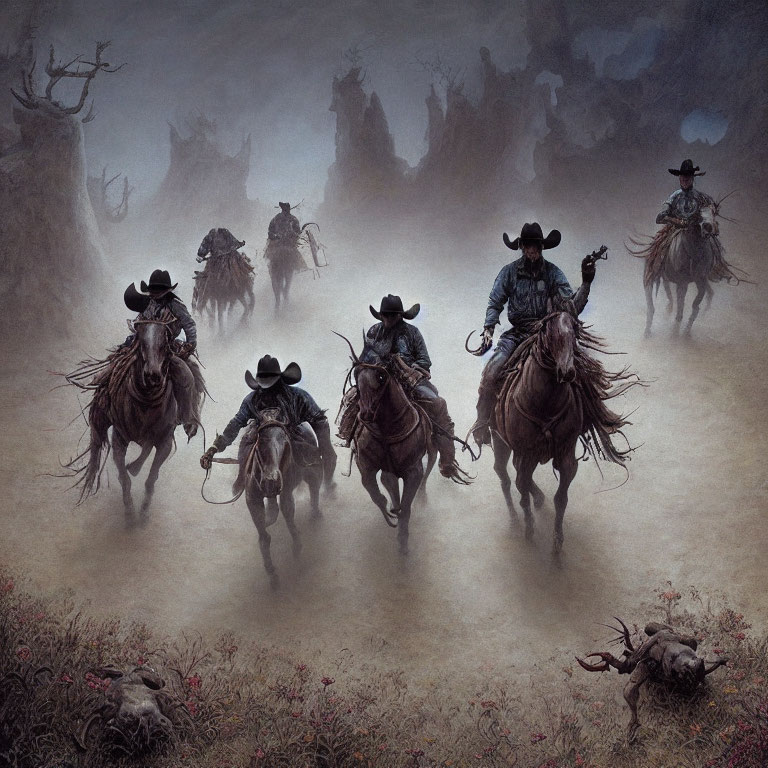 Cowboys on horses in misty, barren landscape with red flowers and skeletal trees.