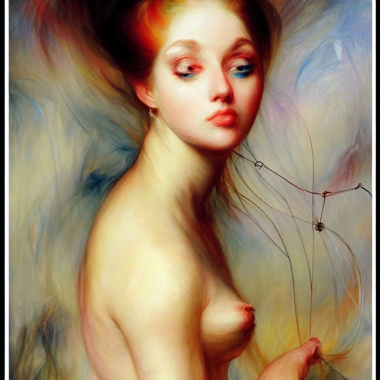 Vivid painting of woman with flowing hair holding delicate thread