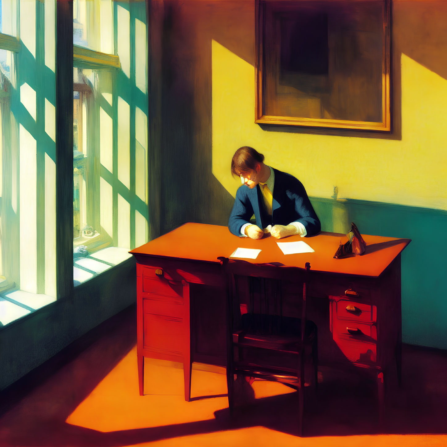 Person reading at red desk in sunlit room with shadows and painting on wall