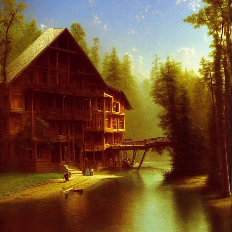Rustic wooden cabin by river in lush forest with bridge and figures