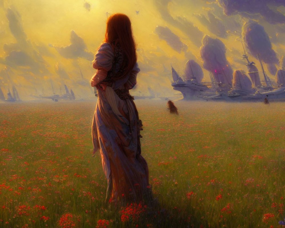 Red-haired woman admires sunset sky with floating airships over red flower field