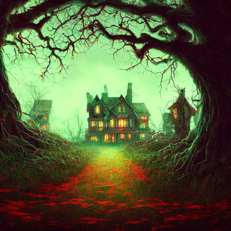 Eerie mansion with twisted trees and green glow