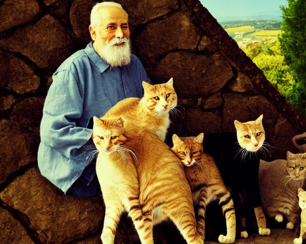 Elderly man with five cats on stone steps outdoors