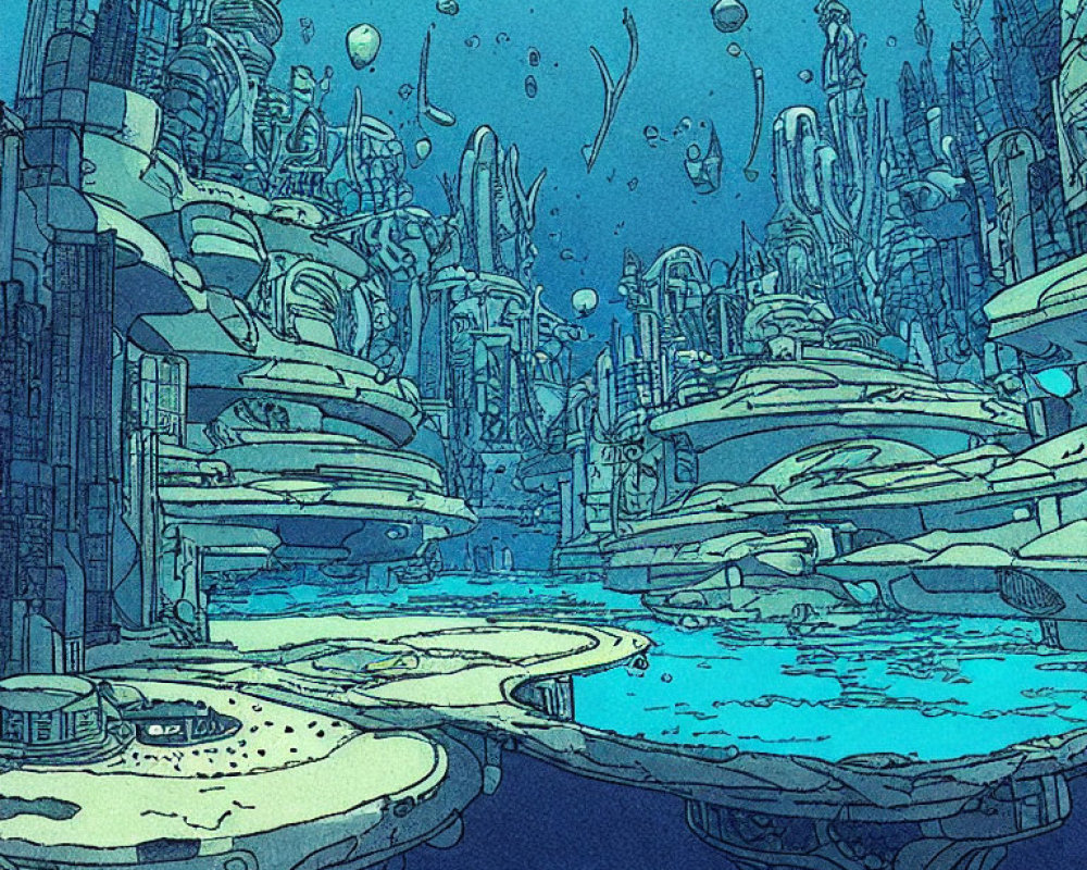 Futuristic Underwater City Illustration with Towering Structures and Aquatic Elements in Blue Tones