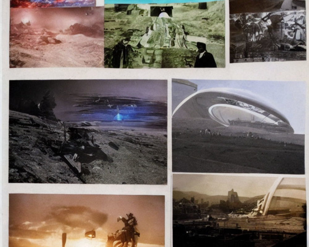 Futuristic and diverse collage of cosmic events, landscapes, architecture, and silhouettes