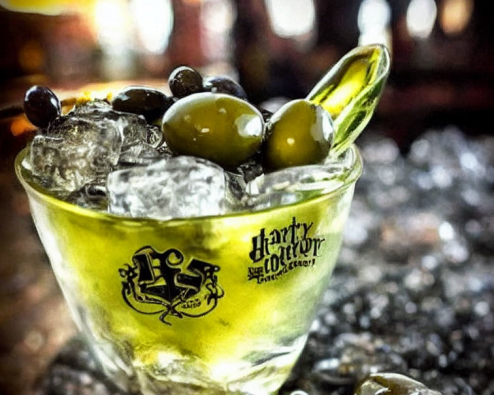 Transparent Harry Potter-themed cocktail glass with ice, green olives, and black spheres.