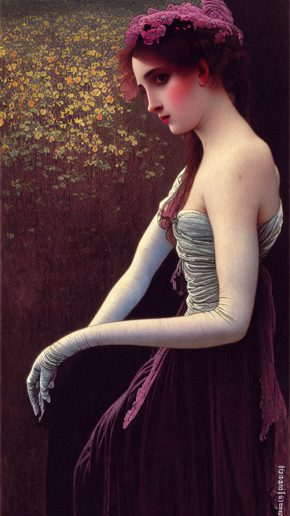 Stylized portrait of woman with red hair in maroon dress and white gloves against yellow flowers
