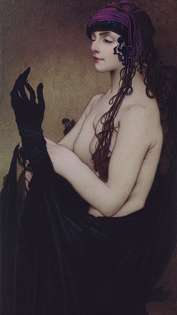 Classical painting reimagined: topless woman with long curly hair in dark purple headpiece and