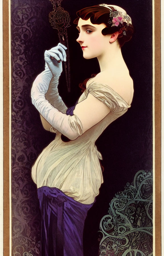 Woman in Art Nouveau Style Portrait with White Blouse and Purple Skirt