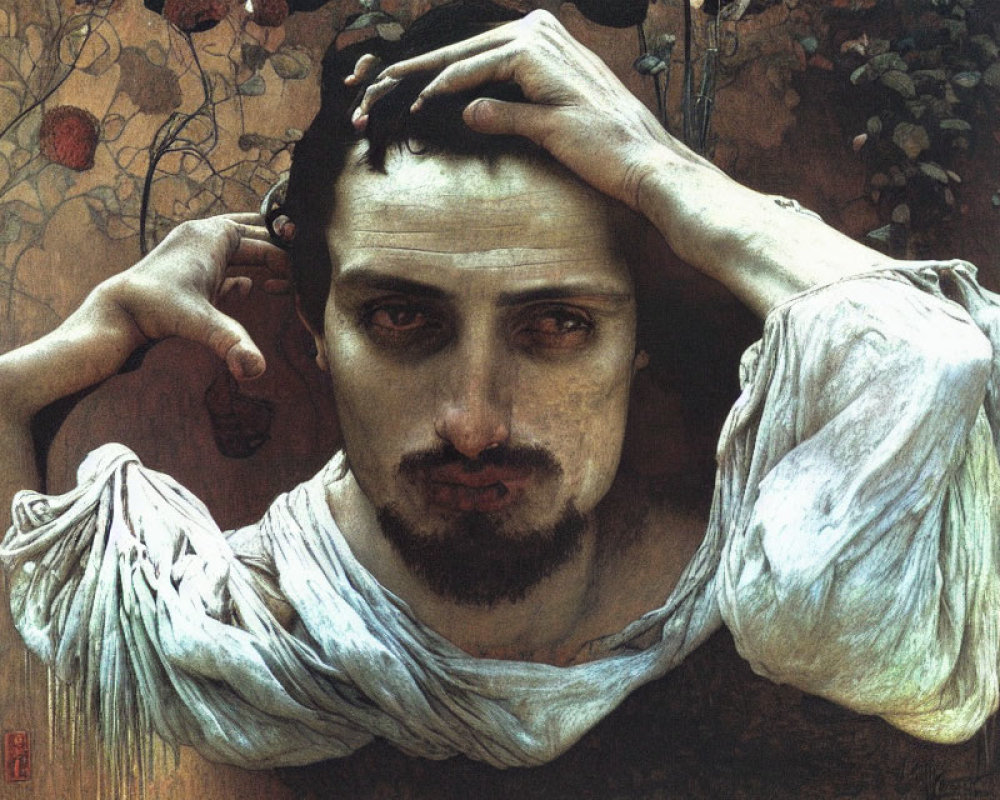 Pensive man with hand on forehead, dark eyes, facial hair, draped in white cloth against textured