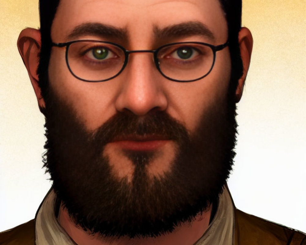 Man with Dark Hair, Beard, Glasses, and Brown Jacket in Serious Expression