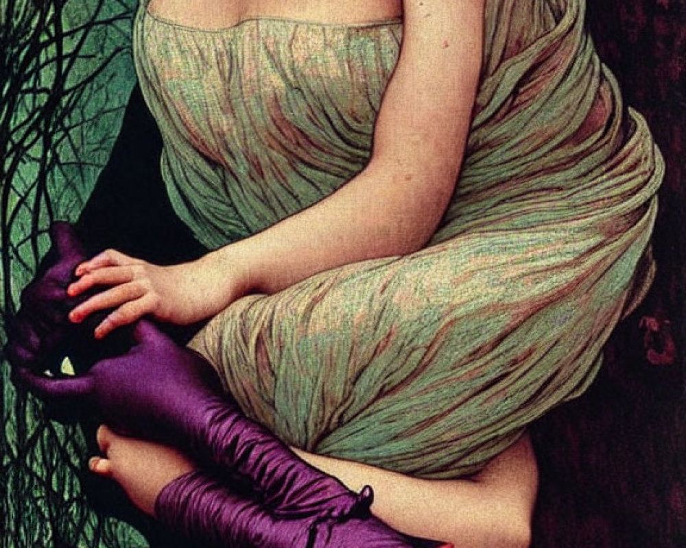 Illustration of pensive woman in flowing dress with purple-clad arm, set in botanical backdrop